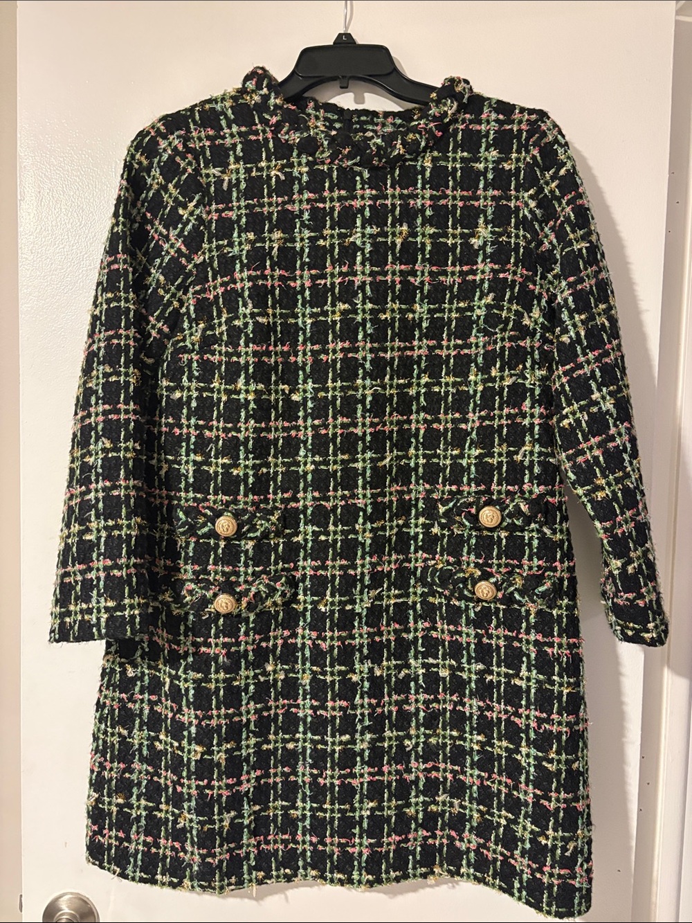 Tuckernuck Black Tweed Coat with Green & Pink Windowpane w/gold buttons-Large